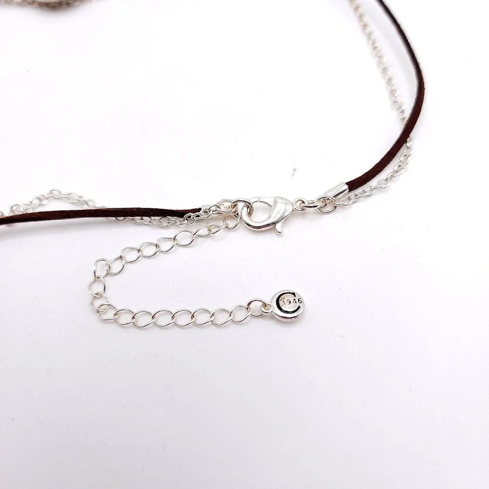 1946 Silver Tone Floral Medallion Necklace Brown Faux Leather Boho